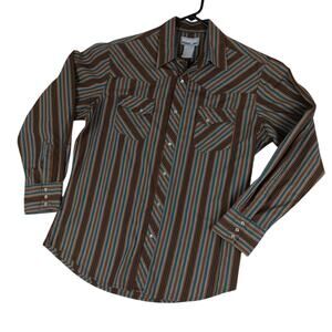 Vtg Wrangler Wrancher Shirt Men's Large Brown Striped Pearl Snap Western Cowboy
